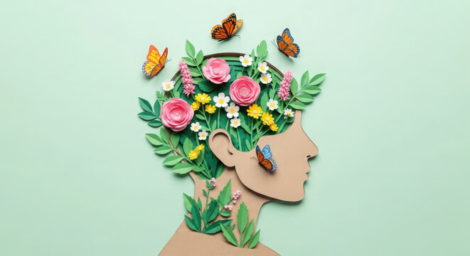 Creative concept of a human head formed from flowers and butterflies on a mint green background
