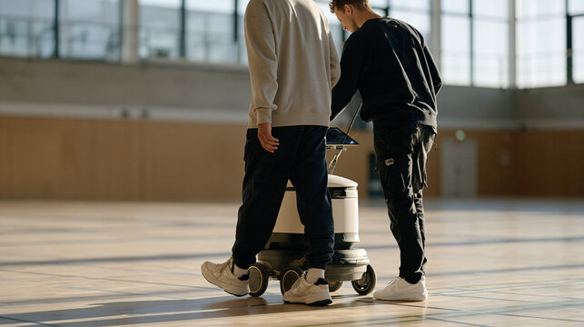 Indoor mapping session with a technician pushing a mobile ground-truth robot fitted with rotating LIDAR distance sensors through an empty sports hall, generating a floor plan