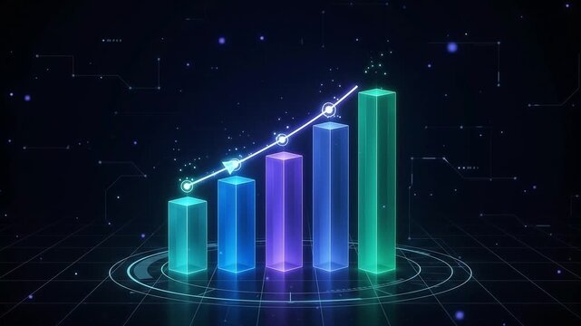 Financial dashboard vector illustration showing business analytics revenue chart and growth metrics. Futuristic neon financial dashboard with rising bar graph, growth metrics, and world map.