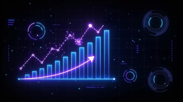 Financial growth chart vector illustration showing stock market trading success and data analytics. Futuristic neon stock market financial graph with rising arrow and bar chart on grid background.