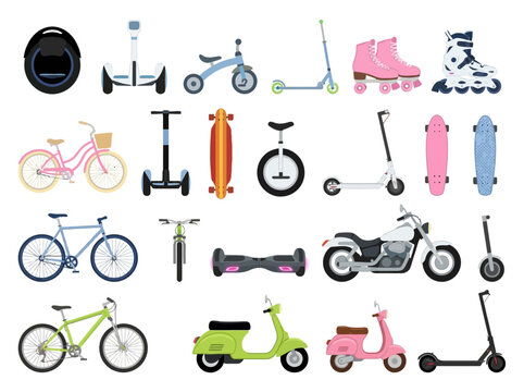 Set of personal transport and urban mobility icons isolated on white