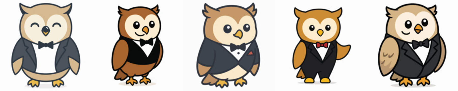 A set of cute and adorable owl vectors dressed in tuxedos.