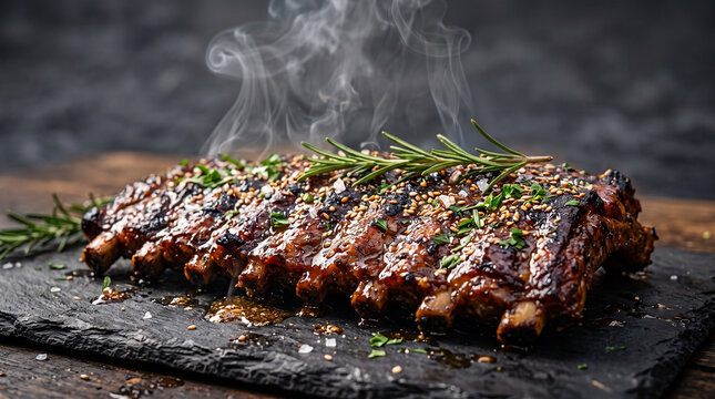 Hot, steaming glazed pork ribs topped with sesame seeds and fresh rosemary on a dark slate board.