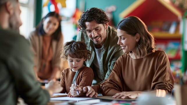 Parents observe their young child drawing during an elementary school class.