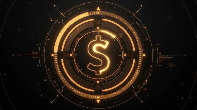 Dollar sign icon with glowing neon HUD target element vector illustration for digital finance. Futuristic neon orange dollar symbol icon inside tech HUD circle on dark background.
