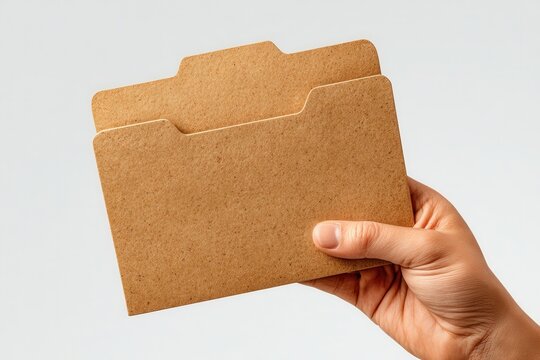 Hand holding two cardboard file folders against white background