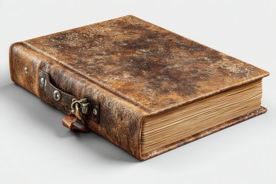Old leather bound book with metal clasp on white background