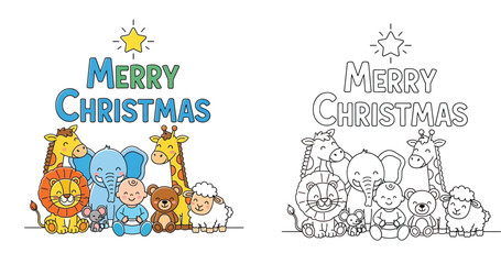 Fototapeta premium Merry Christmas cute animals and baby with star coloring page and colored cartoon vector illustration for kids holiday greeting