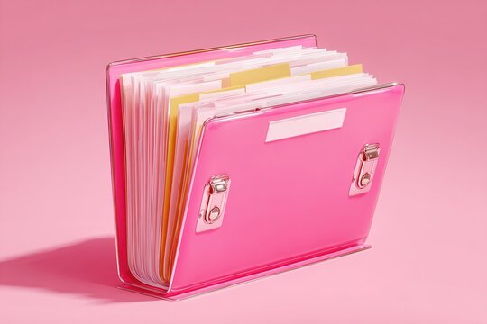 Pink file folder with documents on pink background