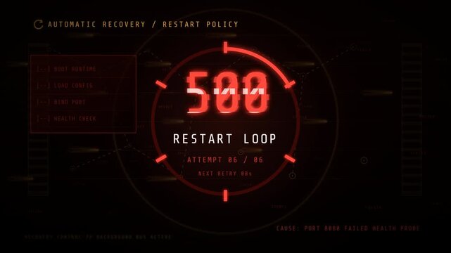 Digital system failure interface with 500 error message and restart loop animation on a dark screen.