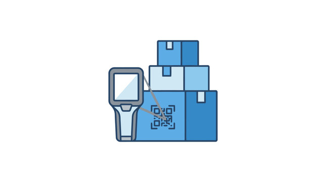 Elegant Blue Scanner Device Reading QR Code on Stacked Boxes for Inventory Management with high quality professional line art symbols for modern creative design and digital branding projects