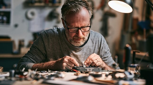 Craftsman wearing glasses focuses on repairing a delicate mechanical component in his workshop.