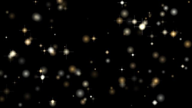 Golden sparkling stars and bokeh lights on black background motion video
