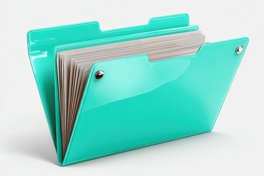 Teal plastic folder with documents on white background