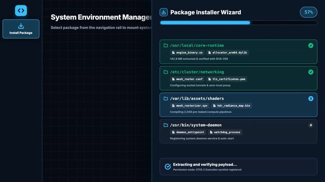 Software package installer wizard interface showing progress bar and system environment management.