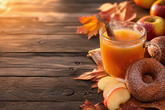 apple cider and donuts on a wooden table