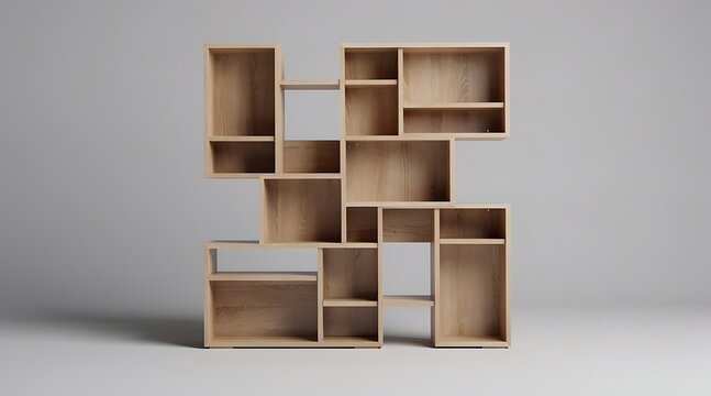 Modern Wooden Asymmetric Bookshelf Display Furniture Design.