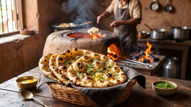 A man cooking naan bread in a traditional kitchen with a tandoor oven
