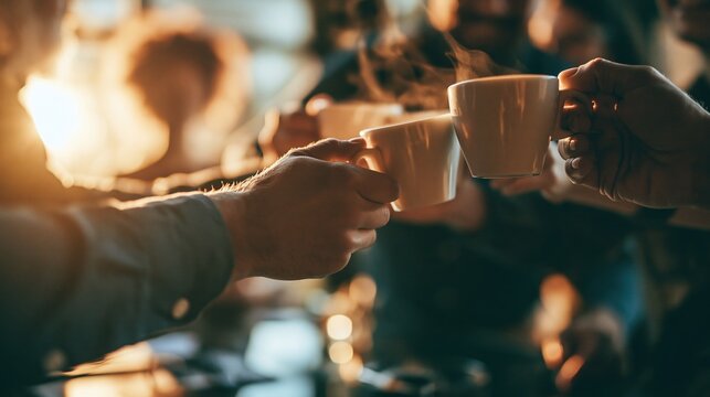 Coffee cups are toasted together by a group of friends during a cozy coffee break.