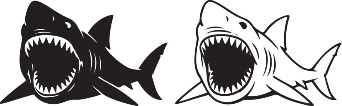 a shark with open mouth and sharp teeth silhouette and outline vector