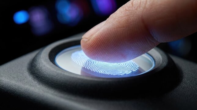Index Finger Pressing Glowing Blue Biometric Fingerprint Touch Sensor