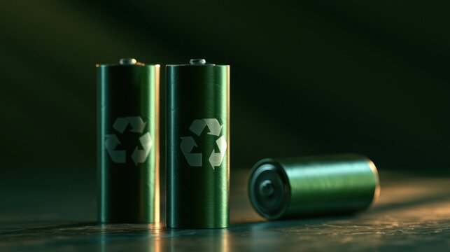 Close-up of three green batteries with recycle symbols standing and lying on wooden surface in low light environment
