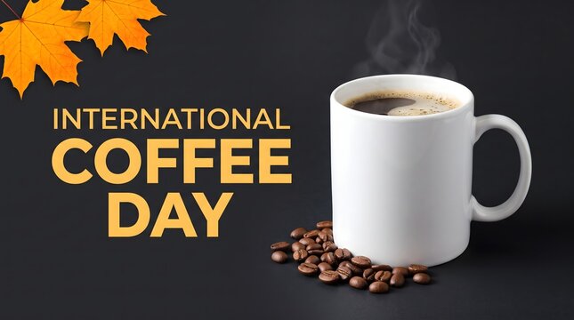 International Coffee Day with Coffee Mug, Beans and Autumn Leaf on Dark Background