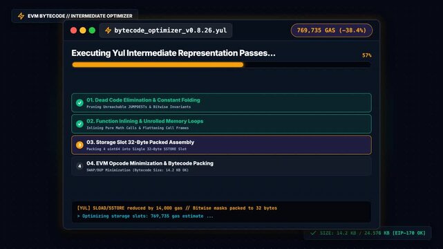Animated interface showing smart contract gas optimization and bytecode compilation process for blockchain development.