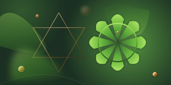 Abstract geometric hexagram and floral pattern on green gradient on transparent background