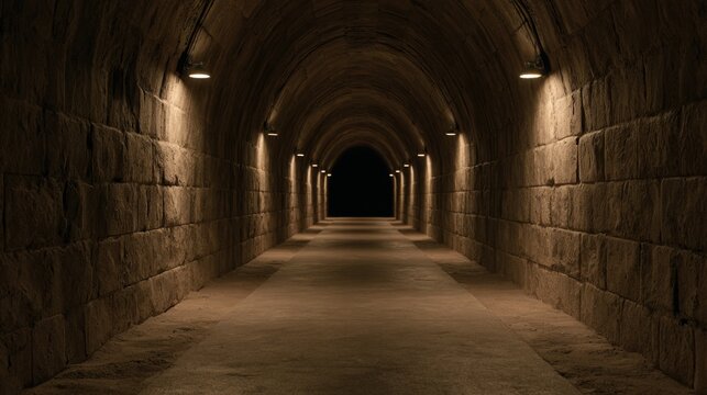 Dimly lit stone tunnel corridor with arched ceiling and glowing wall lamps creating a mysterious and atmospheric passageway in darkness