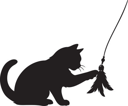 Cat playing with toy feather for pet shop and animal silhouette vector art.