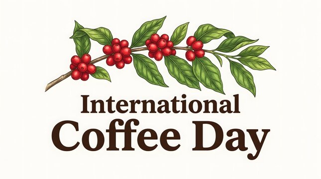 International Coffee Day Coffee Branch with Red Berries and Green Leaves Illustration