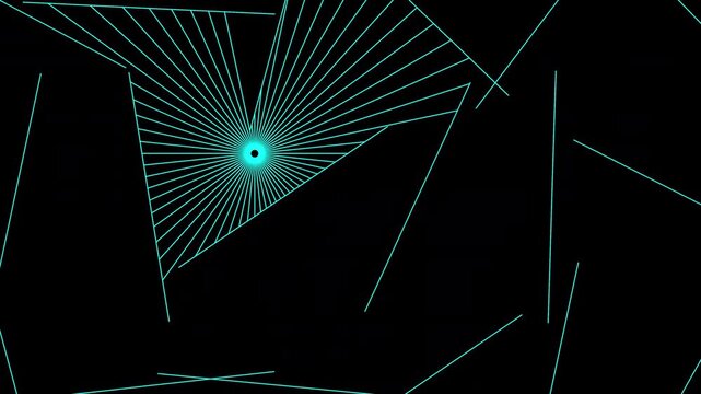 Reflection of Radial Lines in a Geometric Array.On a black background, numerous lines radiate outward from the origin point and are reflected by short lines arranged in an array.