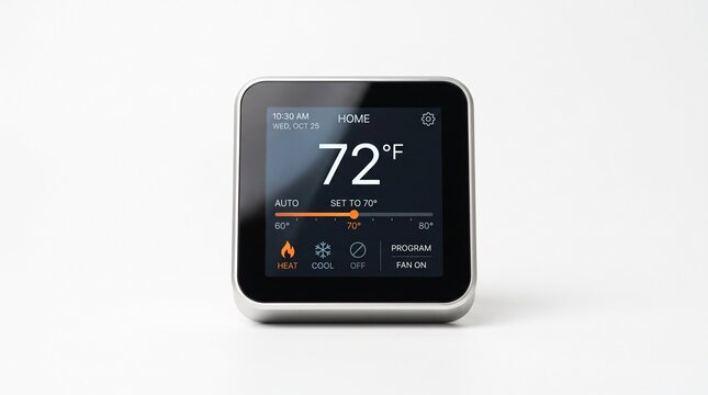 Modern smart digital thermostat displaying temperature on white background.