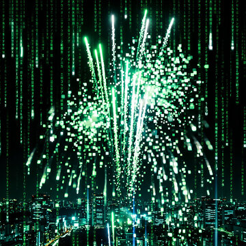 Green Digital Fireworks Over Futuristic Cityscape at Night