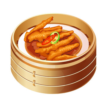 Dim Sum Chicken Feet in Bamboo Steamer Cartoon Illustration