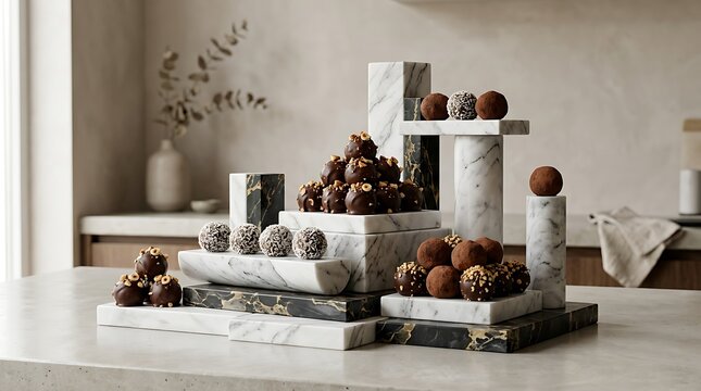 A beautiful display of homemade keto fat bombs arranged on modern marble tiers in a bright kitchen