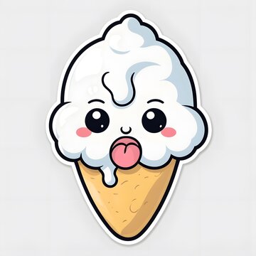 Ice cream character with crying adorably with large rounded tears flowing from its eyes, sad little frown, tiny hands wiping tears. Cute kawaii commercial sticker illustration