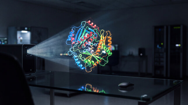Holographic protein projection in a dark laboratory setting showing molecular structure and advanced research technology