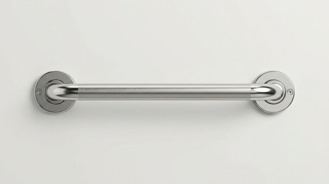 Grab bar featuring gleaming chrome metallic textures mounted horizontally against a flat neutral white wall under bright illumination.