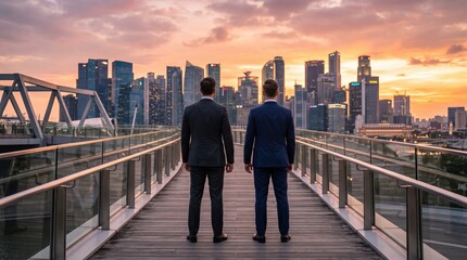 Fototapeta premium Two businessmen standing on bridge looking at modern city skyline during sunset, corporate partners discussing future urban development goals and strategic business planning