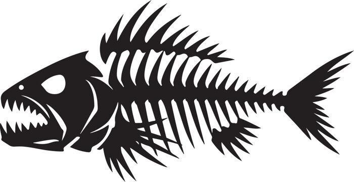 fish skeleton with sharp ribs, spines, and teeth silhouette vector