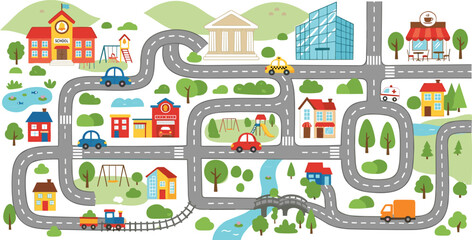 Fototapeta premium Cute City Map Play Mat Design with Winding Roads Cars School Houses Train Track and Buildings Vector Illustration for Children Playroom and Nursery Kids Rug
