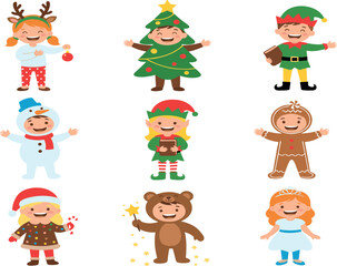 Naklejka premium Christmas Kids Costume Vector Set with Children Dressed as Reindeer, Elf, Snowman, Gingerbread and Bear Illustration
