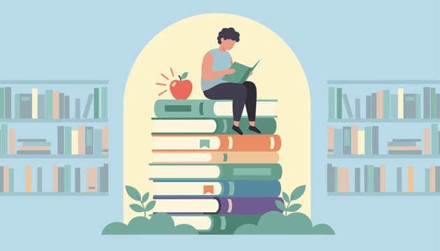 Young person sitting on a massive stack of books reading in a quiet library with many shelves full of literature.