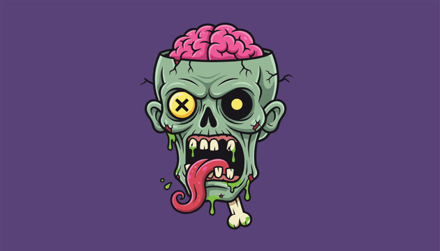 Grungy zombie character illustration with green skin, exposed pink brain, and long tongue on a purple background.