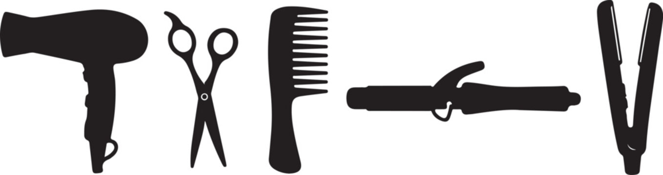 Hair salon tools hairdryer scissors comb curling iron and straightener silhouette vector