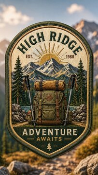 Embroidered outdoor adventure patch featuring a backpack, hiking poles, pine forest, mountain peaks and sunrise with "High Ridge" text