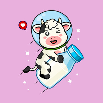 Cute Cow Astronaut Flying on Milk Bottle in Space Vector Cartoon Illustration