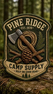 Embroidered vintage-style camp supply patch showing an axe, coiled rope, pine cone and evergreen branches reading "Pine Ridge Est 1978 Camp Supply"